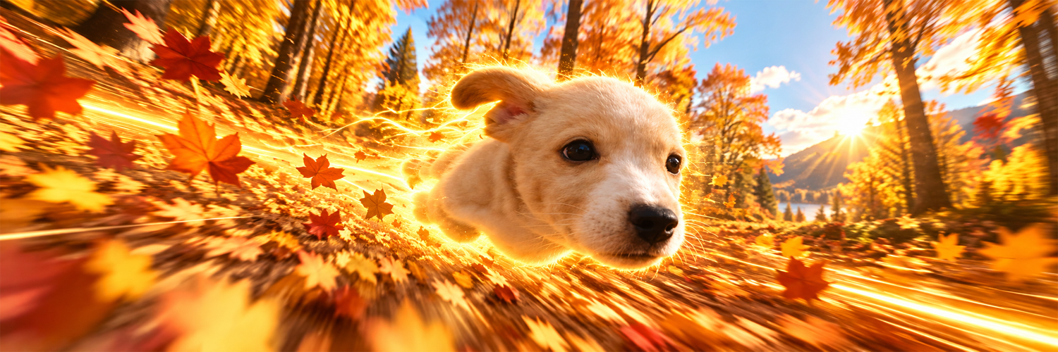godspeed puppy racing through autumn leaves